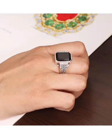 Black Onyx Ring in 925 Sterling Silver with Swarovski Crystal Accent