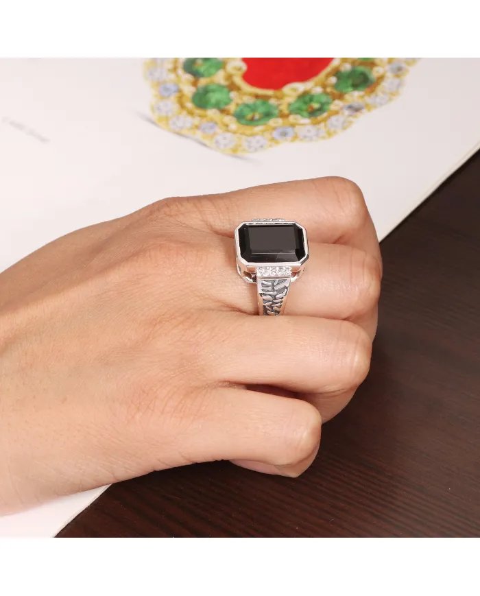 Black Onyx Ring in 925 Sterling Silver with Swarovski Crystal Accent