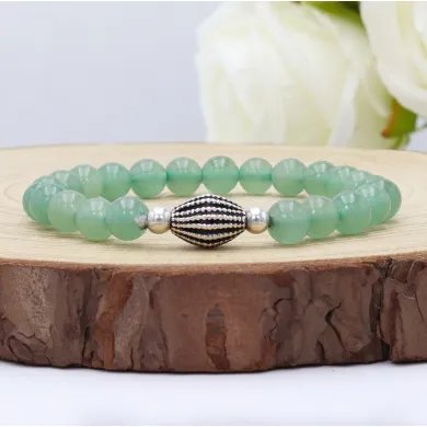 Aventurine Bead Bracelet with Silver Centerpiece - Elegant Gemstone