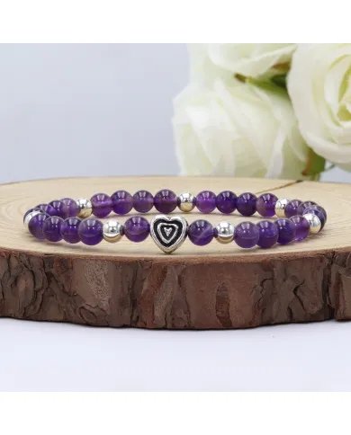 Amethyst Bead Bracelet with Silver Heart Charm