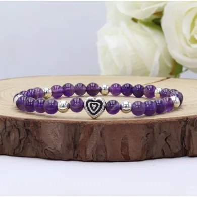 Amethyst Bead Bracelet with Silver Heart Charm
