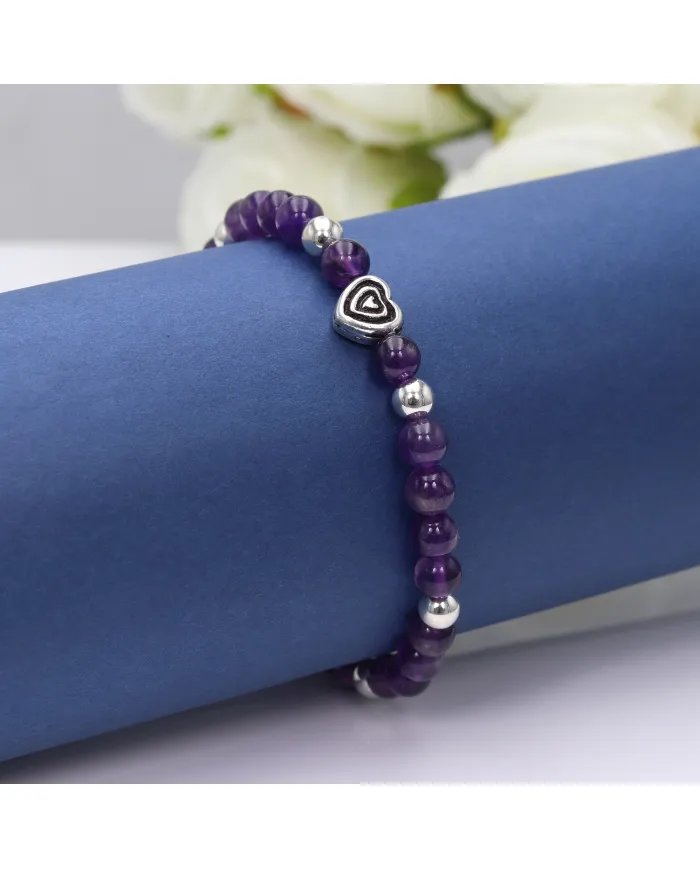Amethyst Bead Bracelet with Silver Heart Charm
