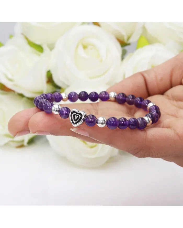Amethyst Bead Bracelet with Silver Heart Charm