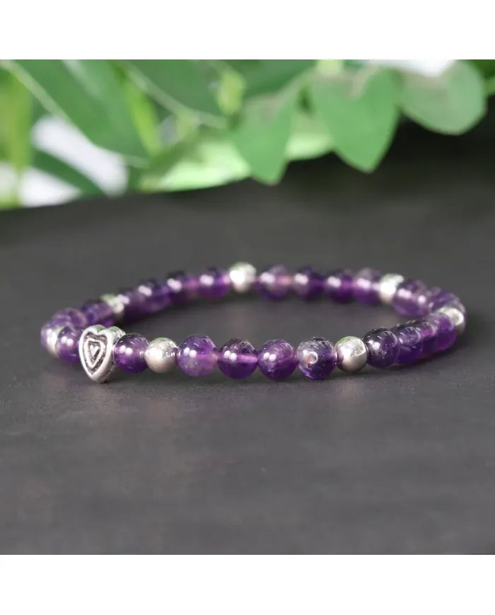 Amethyst Bead Bracelet with Silver Heart Charm