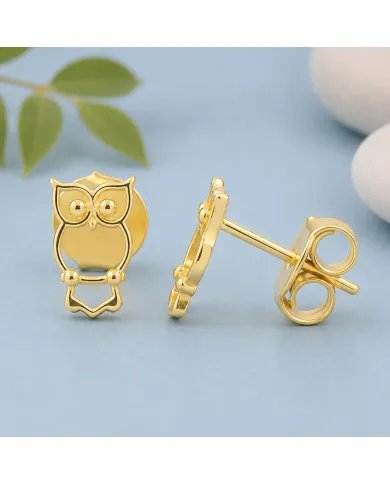 Owl Stud Earrings – Gold Plated 925 Silver Handmade Gift for Her