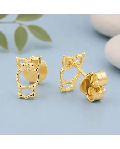 Owl Stud Earrings – Gold Plated 925 Silver Handmade Gift for Her