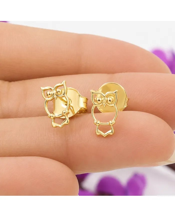Owl Stud Earrings – Gold Plated 925 Silver Handmade Gift for Her