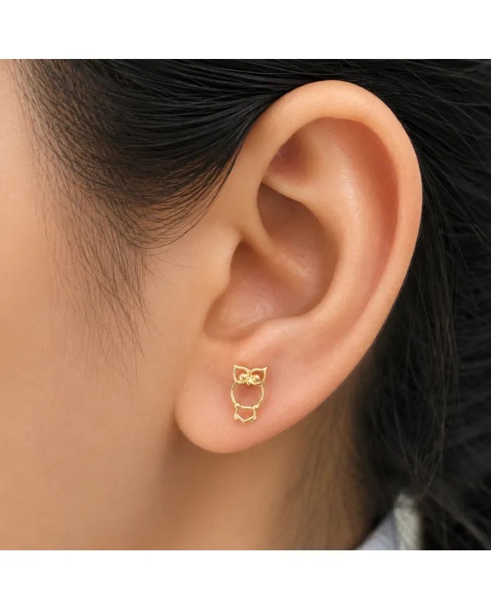 Owl Stud Earrings – Gold Plated 925 Silver Handmade Gift for Her