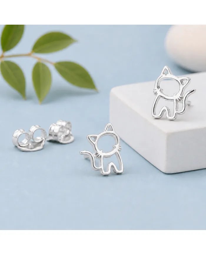 925 Sterling Silver Kitty Stud Earrings – Cute Handmade Jewelry for Her
