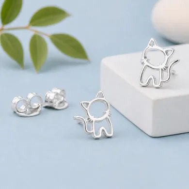 925 Sterling Silver Kitty Stud Earrings – Cute Handmade Jewelry for Her