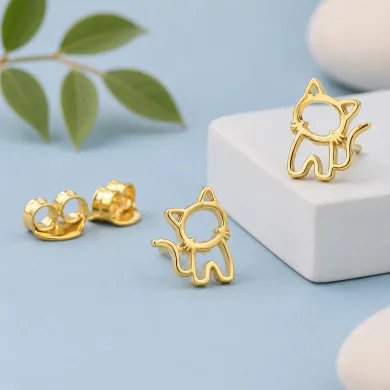 Cute Kitty Stud Earrings – Gold Plated 925 Silver Handmade Gift for Her