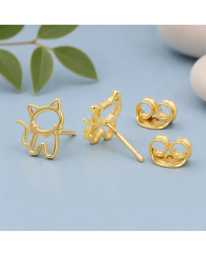 Cute Kitty Stud Earrings – Gold Plated 925 Silver Handmade Gift for Her