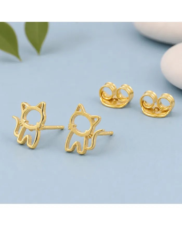 Cute Kitty Stud Earrings – Gold Plated 925 Silver Handmade Gift for Her