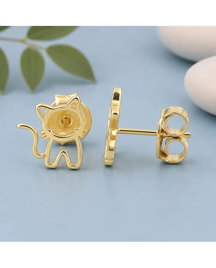 Cute Kitty Stud Earrings – Gold Plated 925 Silver Handmade Gift for Her