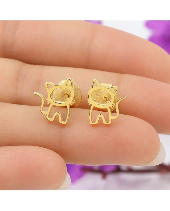 Cute Kitty Stud Earrings – Gold Plated 925 Silver Handmade Gift for Her