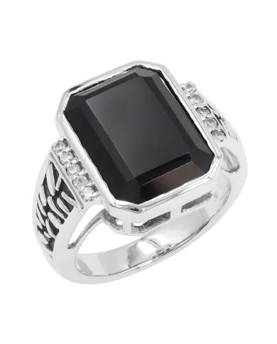Black Onyx Ring in 925 Sterling Silver with Swarovski Crystal Accent