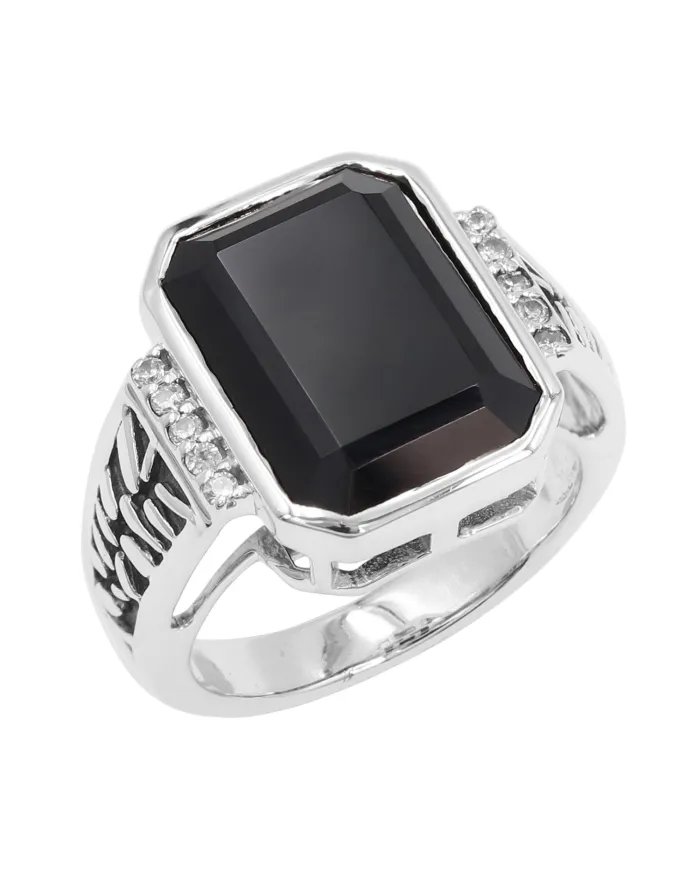 Black Onyx Ring in 925 Sterling Silver with Swarovski Crystal Accent