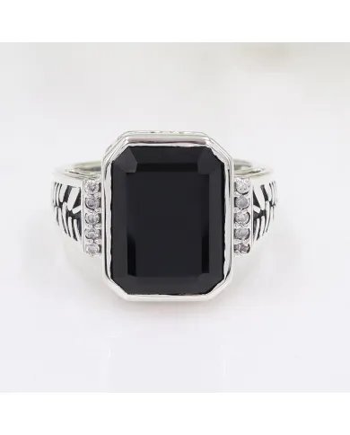 Black Onyx Ring in 925 Sterling Silver with Swarovski Crystal Accent