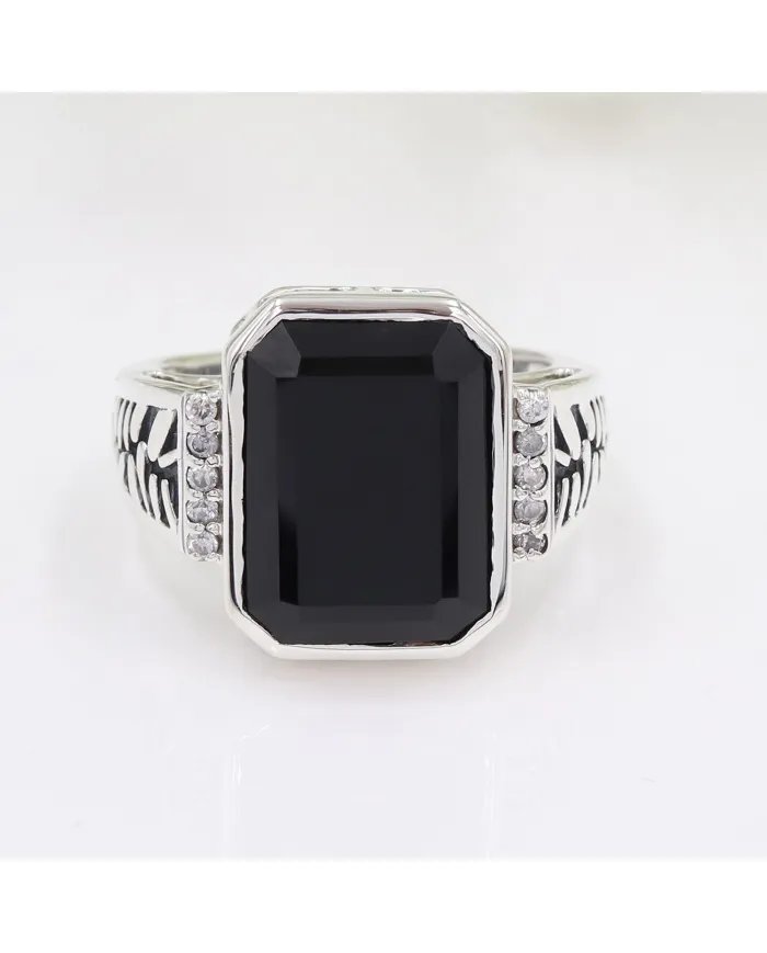 Black Onyx Ring in 925 Sterling Silver with Swarovski Crystal Accent