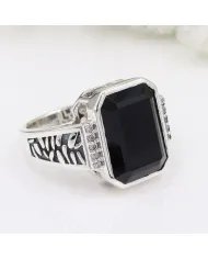 Black Onyx Ring in 925 Sterling Silver with Swarovski Crystal Accent