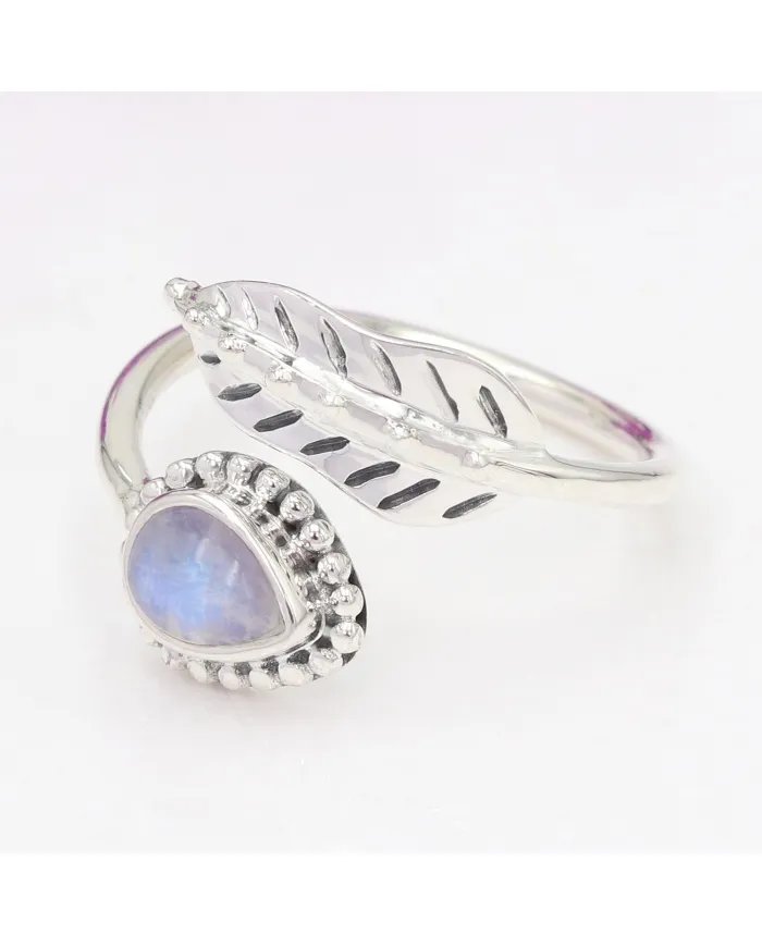 Moonstone Leaf Ring Adjustable Band 925 Sterling Silver Gift for Her