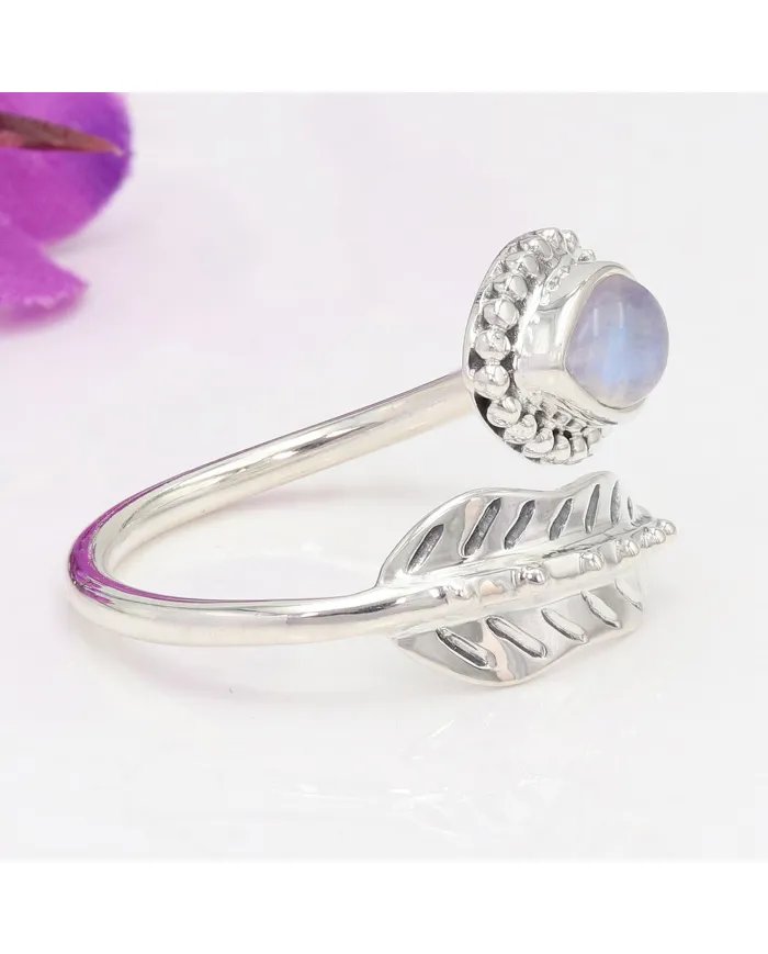 Moonstone Leaf Ring Adjustable Band 925 Sterling Silver Gift for Her