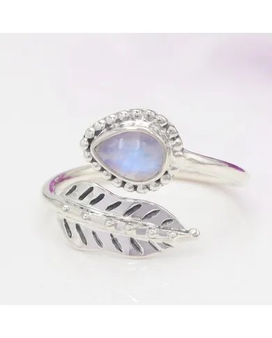 Moonstone Leaf Ring Adjustable Band 925 Sterling Silver Gift for Her