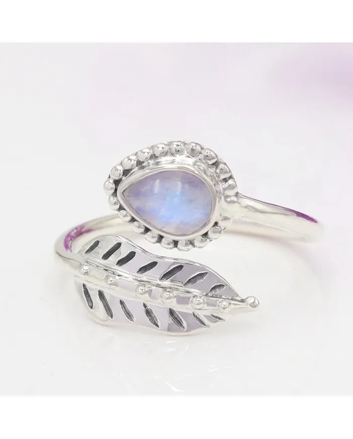 Moonstone Leaf Ring Adjustable Band 925 Sterling Silver Gift for Her