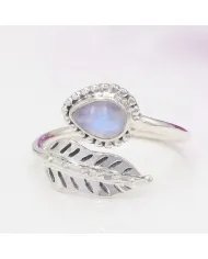 Moonstone Leaf Ring Adjustable Band 925 Sterling Silver Gift for Her