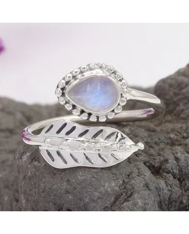 Moonstone Leaf Ring Adjustable Band 925 Sterling Silver Gift for Her