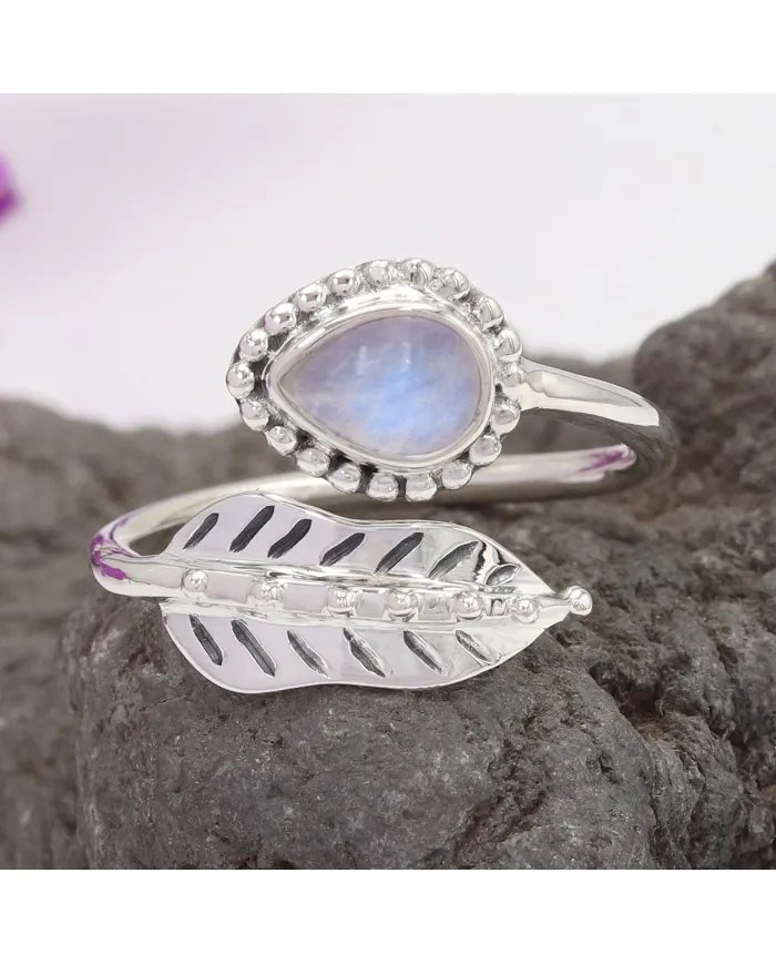 Moonstone Leaf Ring Adjustable Band 925 Sterling Silver Gift for Her