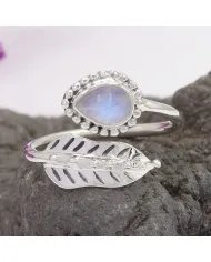 Moonstone Leaf Ring Adjustable Band 925 Sterling Silver Gift for Her