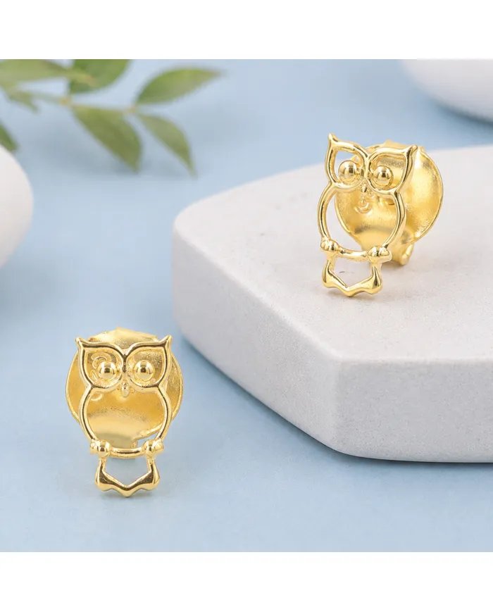 Owl Stud Earrings – Gold Plated 925 Silver Handmade Gift for Her