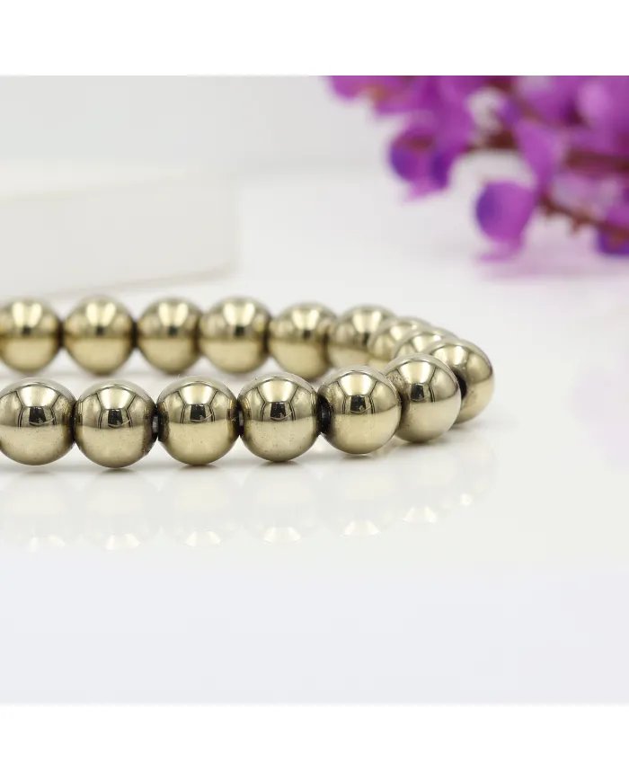 Pyrite Beaded Bracelet 925 Sterling Silver Natural Stone Jewelry