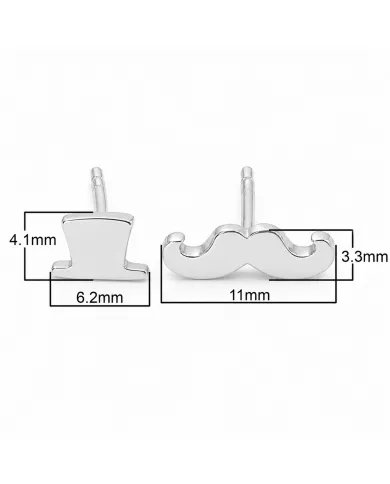 Hat & Mustache Stud Earrings 925 Sterling Silver Unisex Jewelry