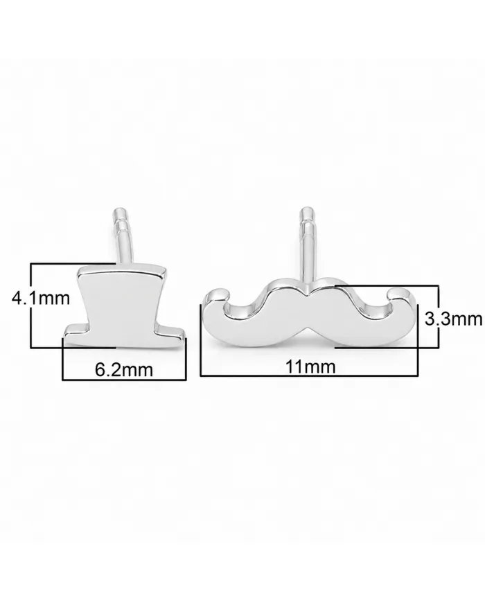 Hat & Mustache Stud Earrings 925 Sterling Silver Unisex Jewelry