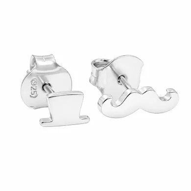 Hat & Mustache Stud Earrings 925 Sterling Silver Unisex Jewelry