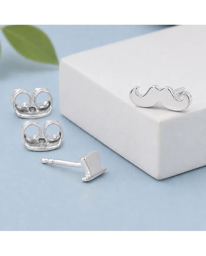 Hat & Mustache Stud Earrings 925 Sterling Silver Unisex Jewelry