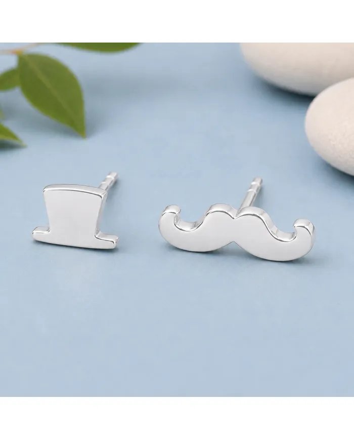 Hat & Mustache Stud Earrings 925 Sterling Silver Unisex Jewelry
