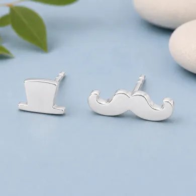 Hat & Mustache Stud Earrings 925 Sterling Silver Unisex Jewelry