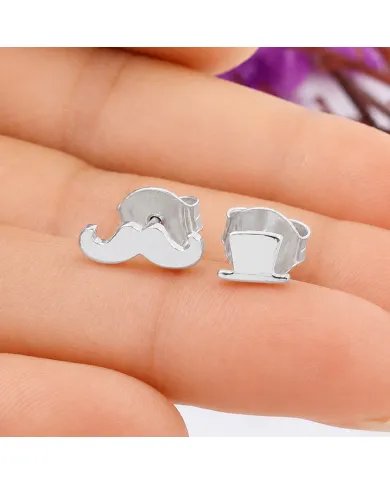 Hat & Mustache Stud Earrings 925 Sterling Silver Unisex Jewelry