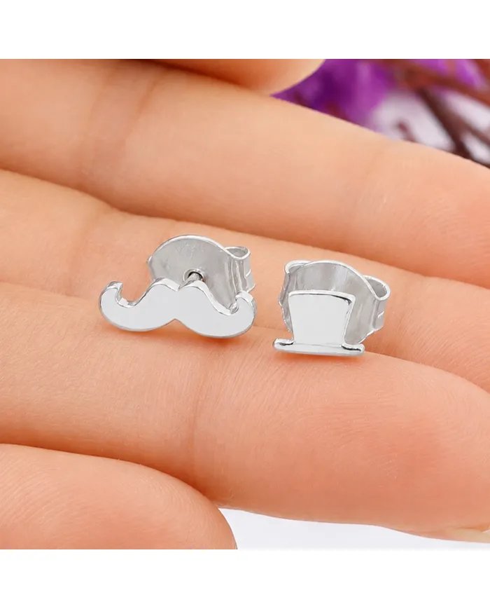 Hat & Mustache Stud Earrings 925 Sterling Silver Unisex Jewelry
