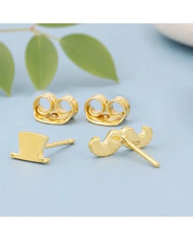 Hat & Mustache Stud Earrings Gold Plated 925 Silver Unisex Jewelry