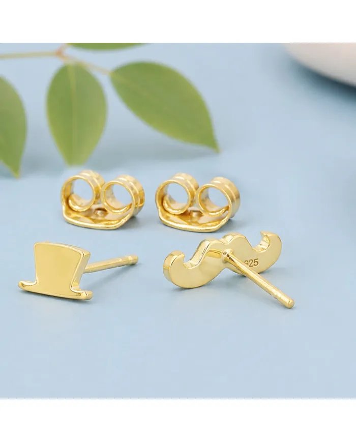 Hat & Mustache Stud Earrings Gold Plated 925 Silver Unisex Jewelry