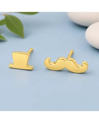 Hat & Mustache Stud Earrings Gold Plated 925 Silver Unisex Jewelry