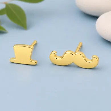 Hat & Mustache Stud Earrings Gold Plated 925 Silver Unisex Jewelry