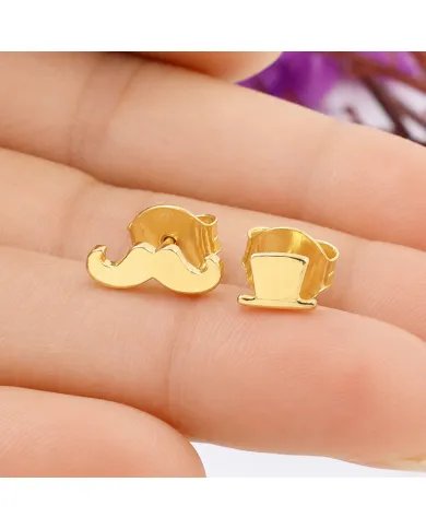 Hat & Mustache Stud Earrings Gold Plated 925 Silver Unisex Jewelry
