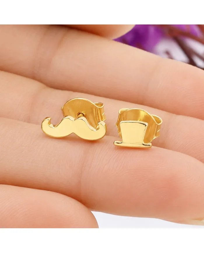 Hat & Mustache Stud Earrings Gold Plated 925 Silver Unisex Jewelry