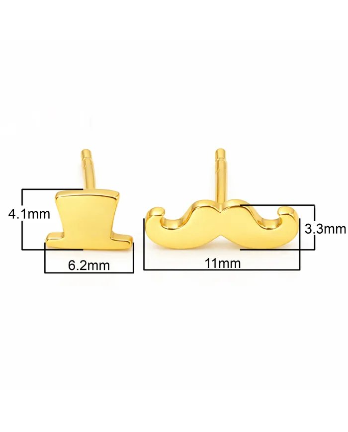 Hat & Mustache Stud Earrings Gold Plated 925 Silver Unisex Jewelry