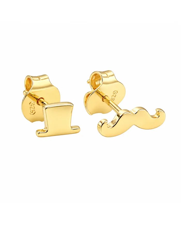 Hat & Mustache Stud Earrings Gold Plated 925 Silver Unisex Jewelry